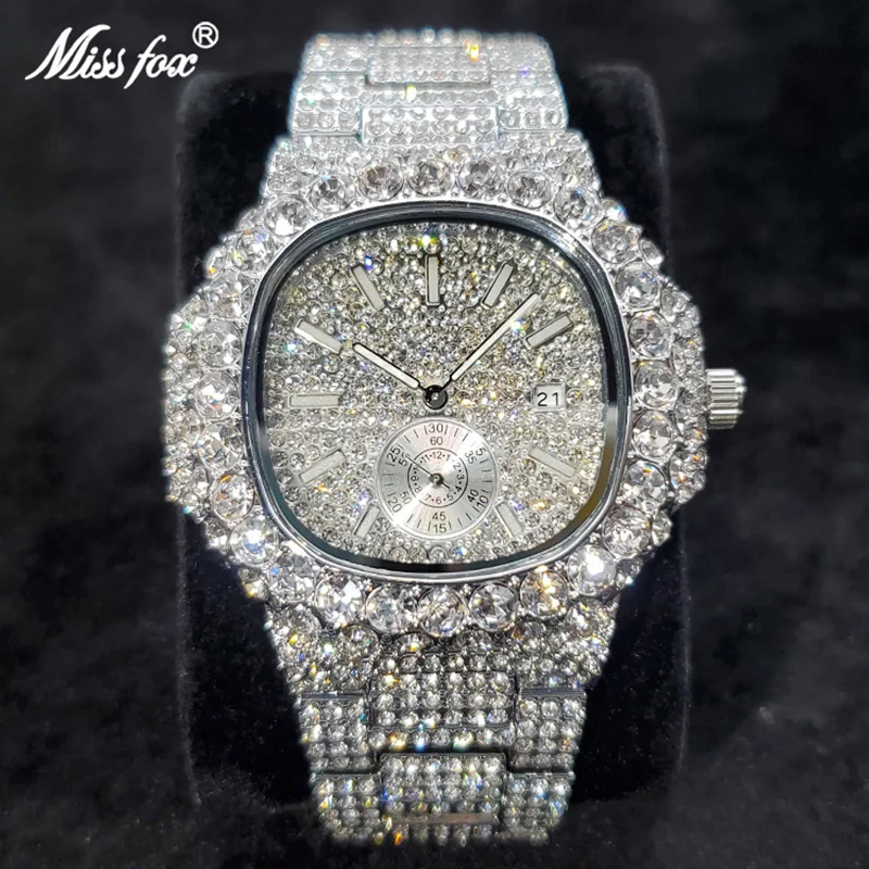 MISSFOX New Diamond Watch For Men Luxury Classic Ice Out Watches Hip Hop Fashion Top Brand AAA Silver Clock Best Selling Product