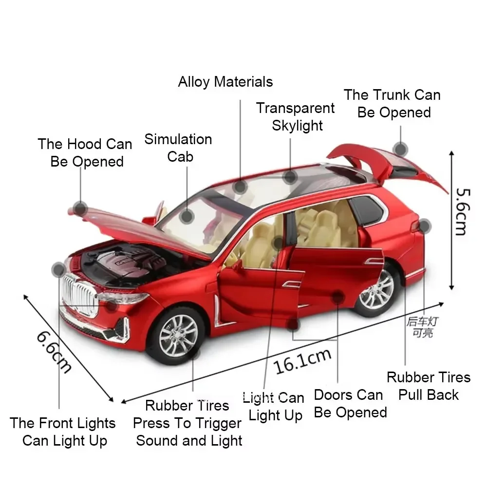 1:32 BMW X7 Miniature Toy Model Cars Alloy Diecast Sound Light 6 Doors Opened Pull Back Rubber Tires Vehicle Toys for Kids Gifts