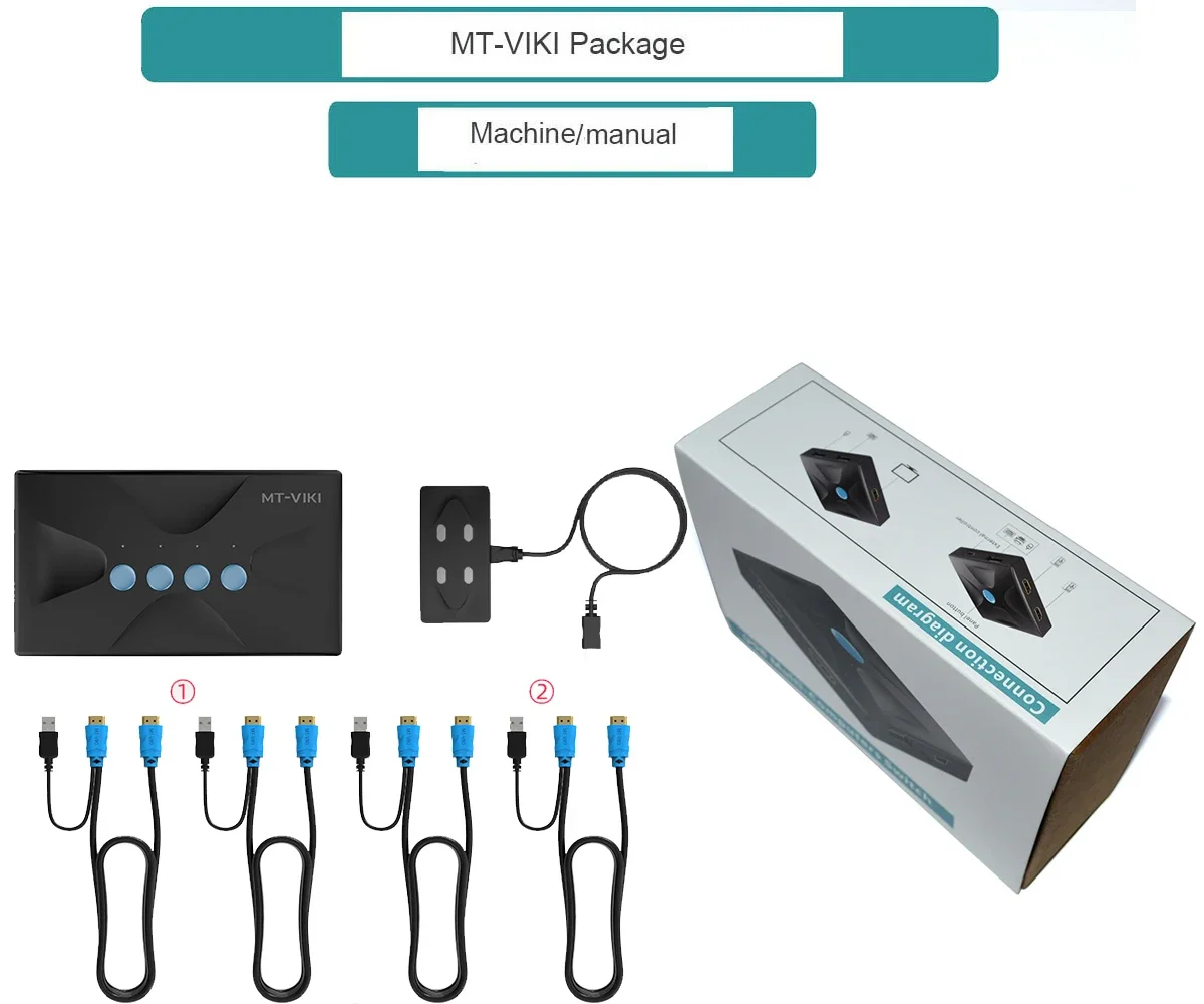 4 Ports KVM Switches 4K 30Hz + 4-pack Cables(2in1), MT-VIKI USB HDMI KVM Switcher Selector Box 4 In 1out