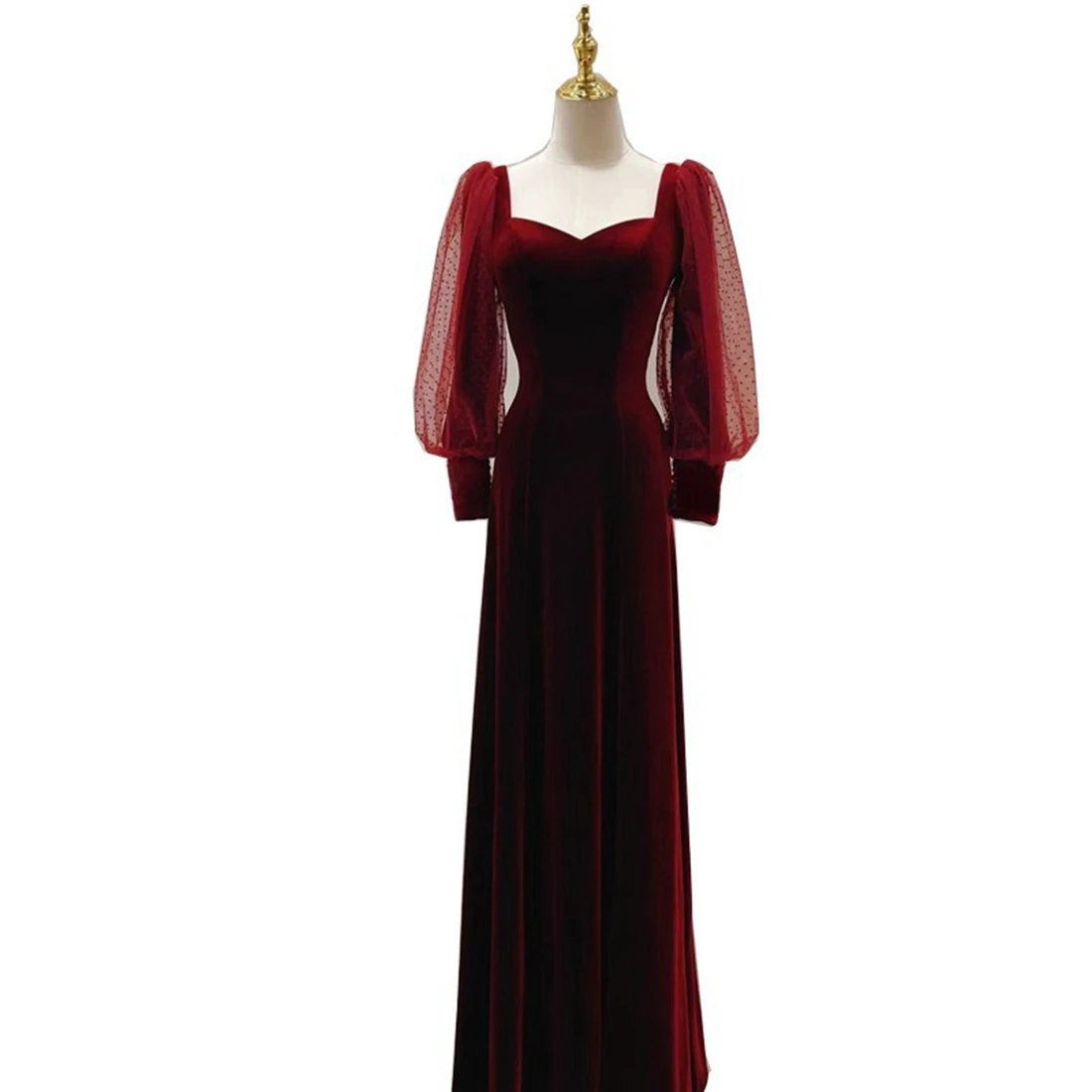 Velvet Prom Dress A-line Floor-length Gown with Sleeves Prom Dresses Customized