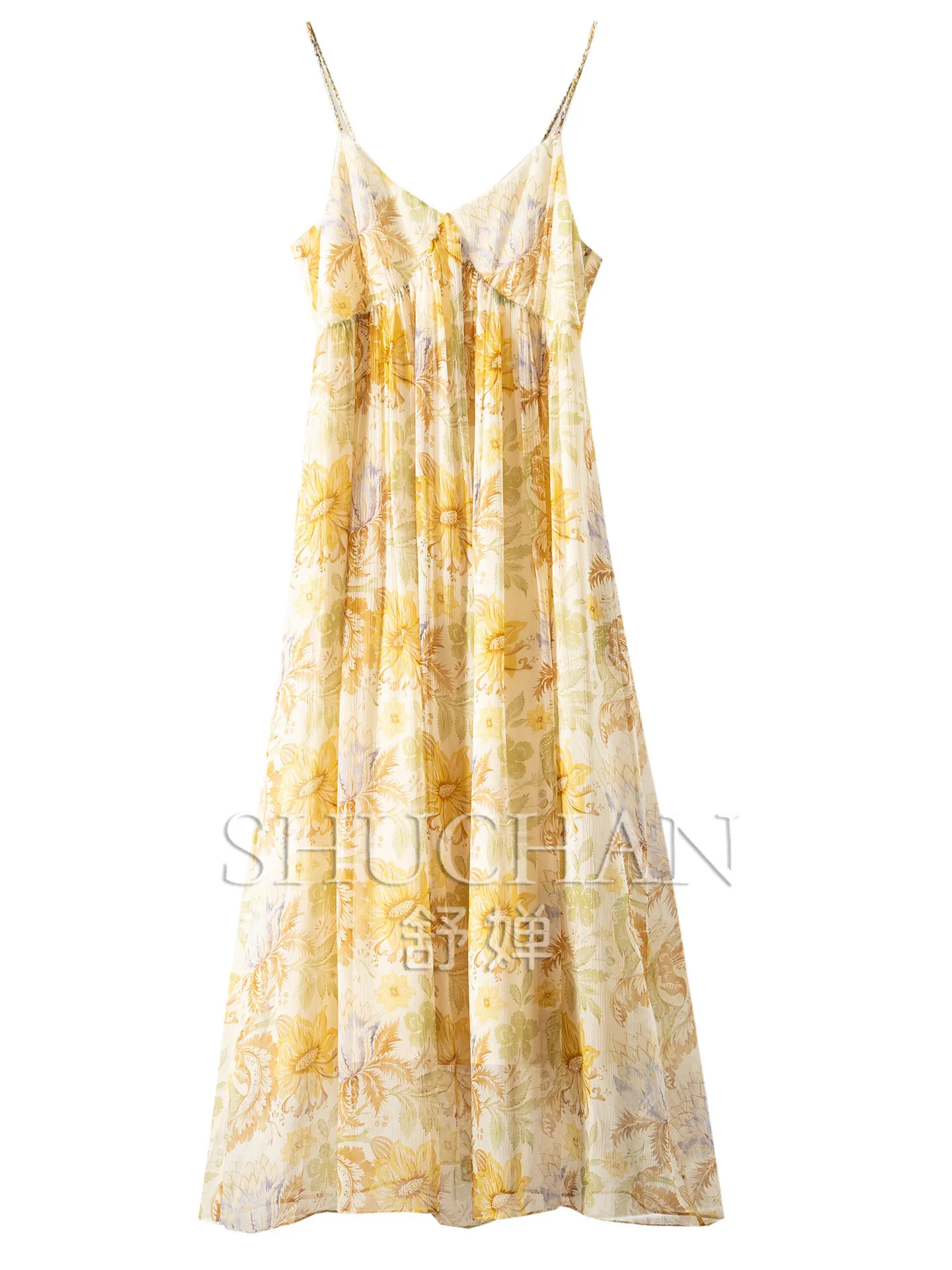 

Yellow Sunflower Dresses Light Luxury Silk Shun Qiaoqi Printed Suspender Dress Women 66L0 Vestidos Femininos Frete Grátis