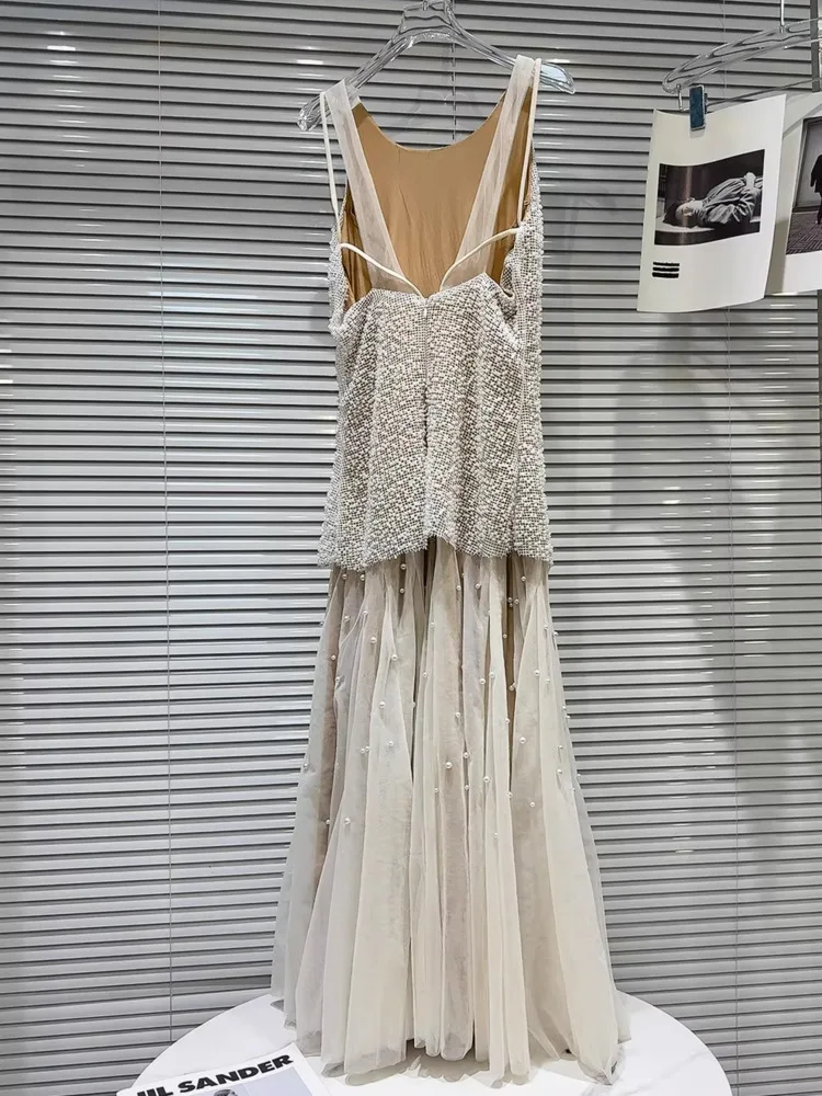 DFDG Damska Letnia Beżowa Sukienka Maxi Bez Rękawów Z Tiulu, Ozdobiona Perłami, Elegancka, Formalna, Na Imprezę, Modna Sukienka Damska 2025
