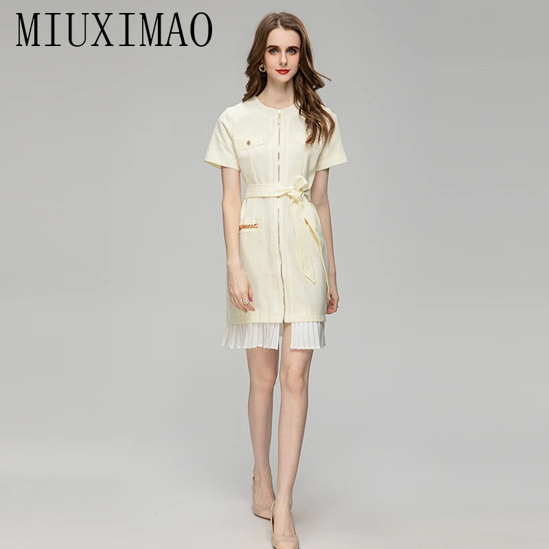 MIUXIMAO 2023 Fall Dress  Fashion Slim Short Sleeve Jacquard O-neck  Ruched Tank Dress Women Vestidos Mini Dress Belt