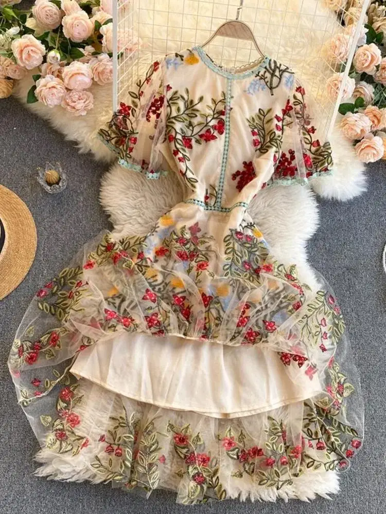 Women Elegant Mesh Lace Embroidered Short Butterfly Sleeve Ruffles Dress Summer Flower Multicolor Mermaid Harajuku Vestidos - Detail 1