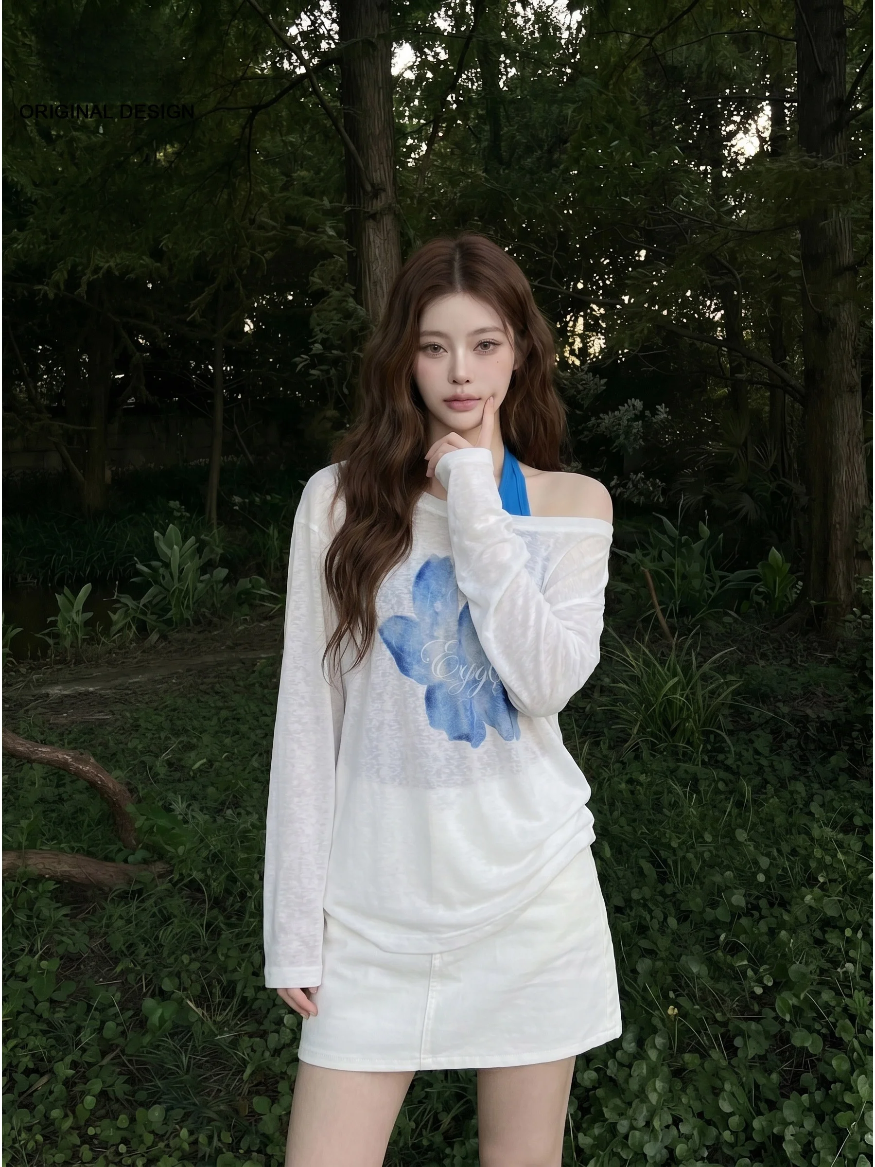 White Sleeveless V-Neck Summer Shirt Set Women's New 2026 Hanging Neck Lace Cover up Two-Piece Suit UV Protection Daily Wear