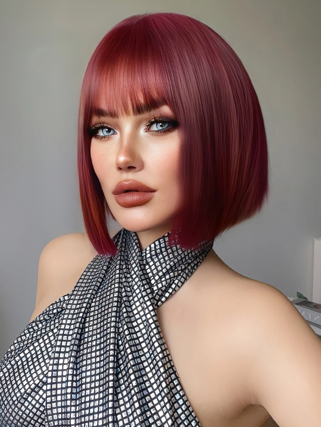 10Inch Wine Red Color Synthetic Wigs with Bangs Short Length Natural Straight Hair Wig for Women Daily Cosplay Heat Resistant