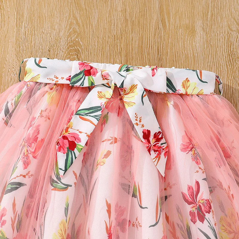 New Summer For 8-12 Years  Girls White  Flying Sleeve Top Pink Printed Tulle Skirt & Belt Casual Style Fashion Trend Daily  Sets