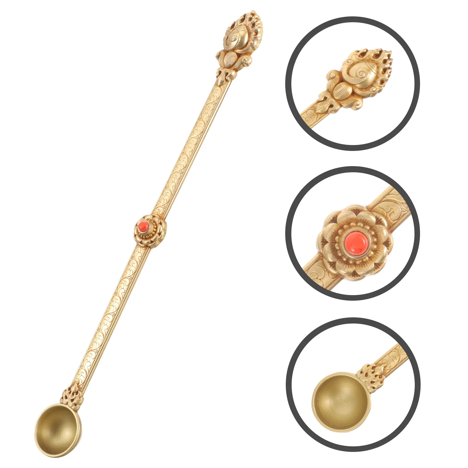 

Brass Spoon Intricately Carved Pure Metal Ghee Offering Tool For Rituals Religious Use Style Spoon