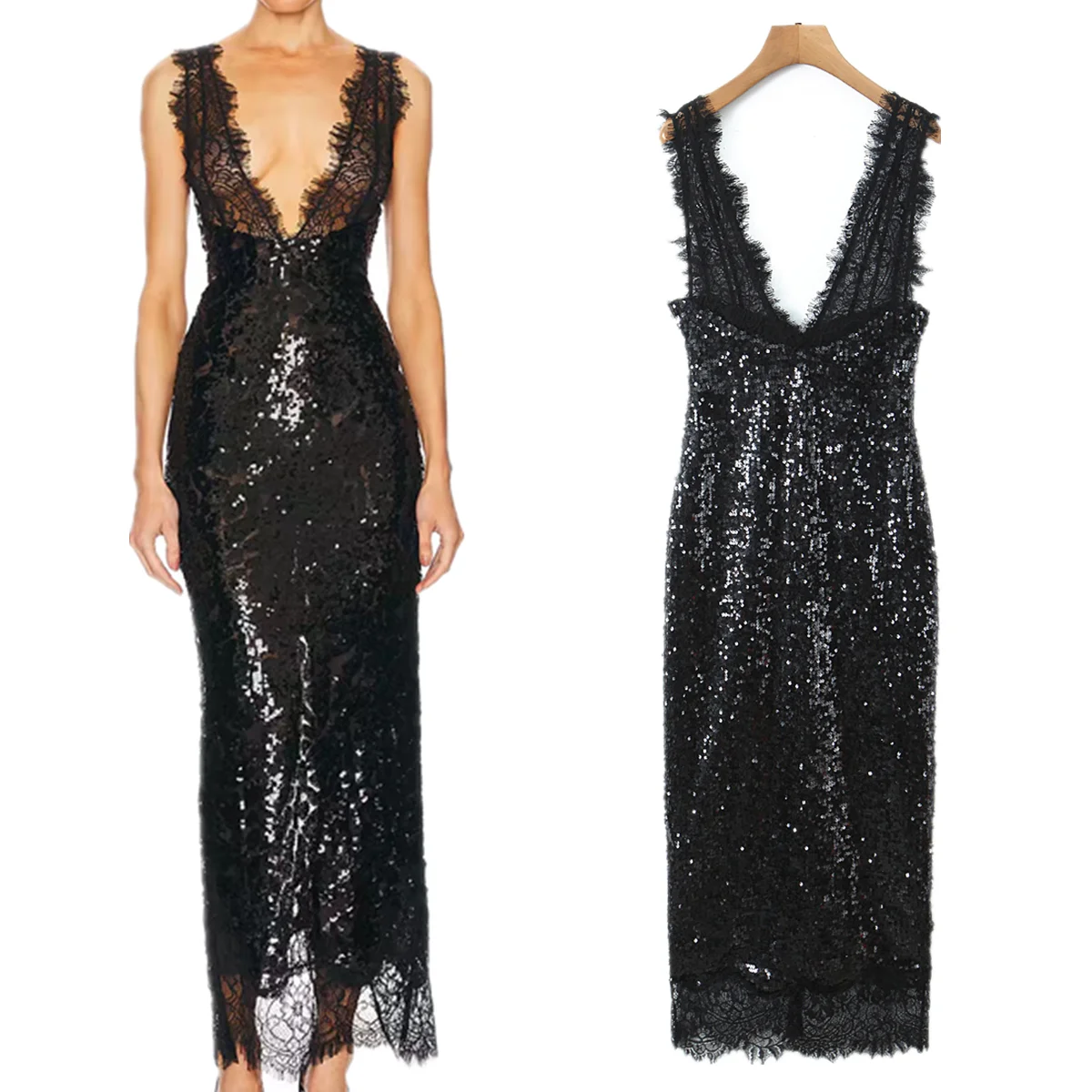 

Jenny&Dave French Eegant Sequined Lace Sexy V-neck Dress Elegant Party Dresses Vestidos Womens Dresses Long Dress