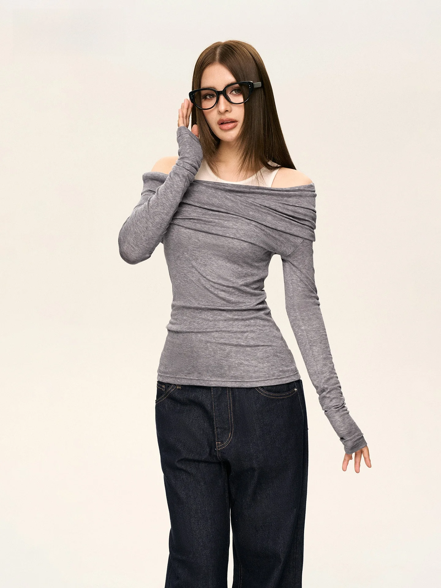 

Plumpy Women's Long Sve oulder Bared Patchwork Slim Fit T-irt Fake Two-Piece Casual Sle Commute Daily Wear