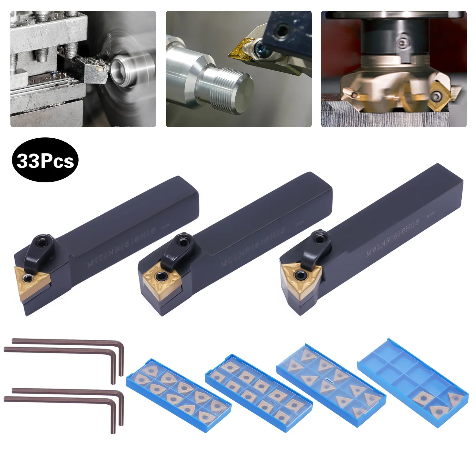 

Набор инструментов для токарных станков, 33 шт., токарный набор из твердого сплава со индексируемыми держателями и лезвиями, включает в себя 3 держателя инструментов, 4 шестигранные ключи для металлообработки