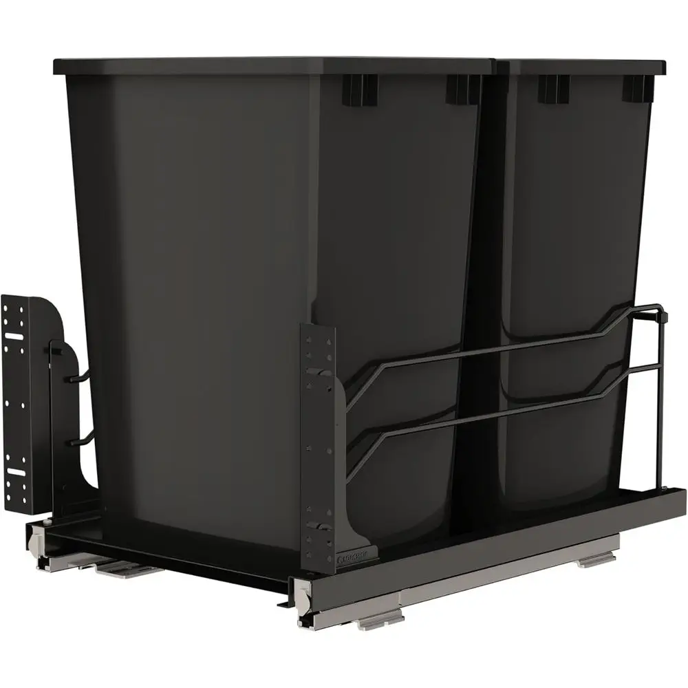 

Double Pullout Waste Bin, 35 Quart Capacity, Black - Sliding Dual Trash System for Kitchen Cabinet