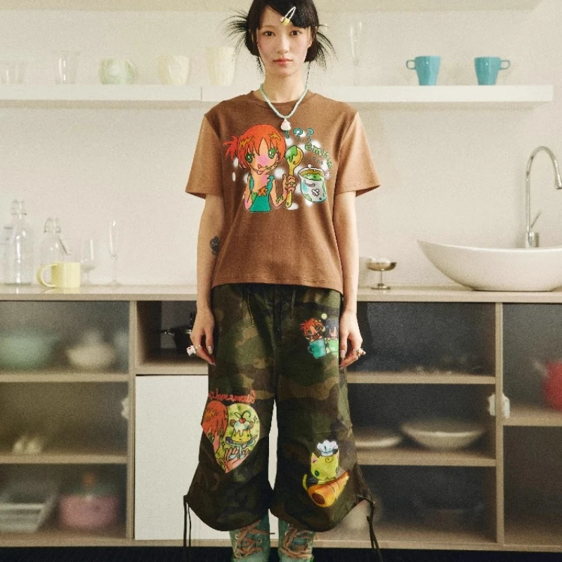 Summer Original Design New Women's Trousers Sweet Cool Cartoon Printing Camouflage Overalls Loose Thin Versatile Capris Ladies