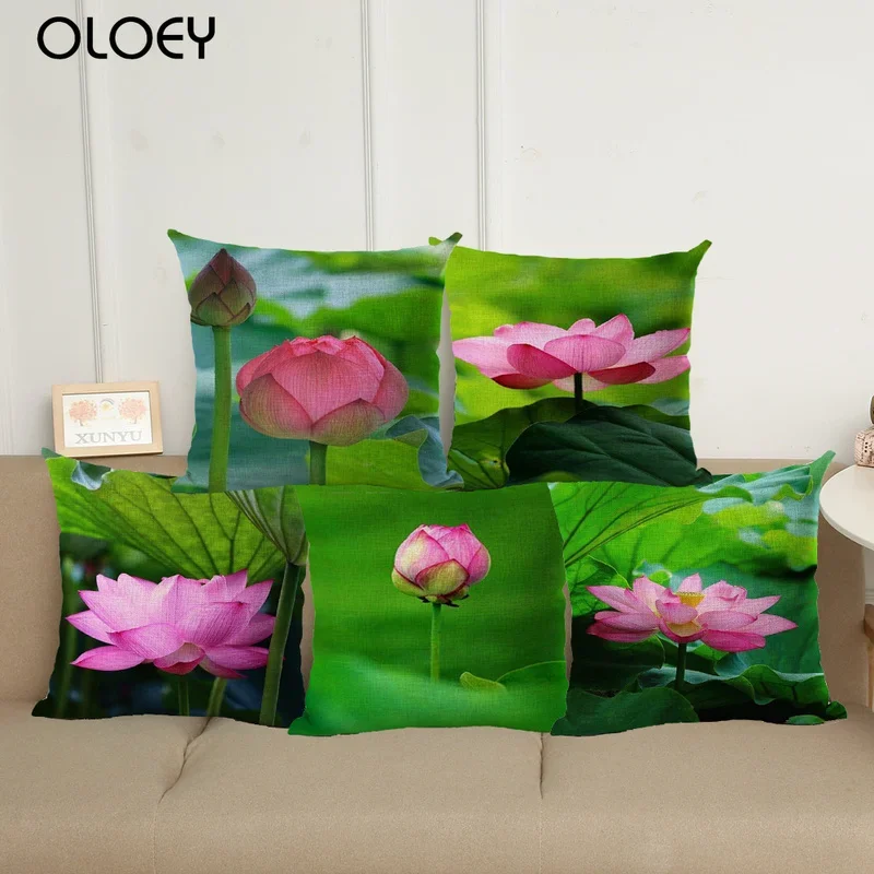 

Beautiful Green Plant Lotus Linen Soft Pillowcase, Size 45x45cm, Home Bedroom Office Decoration, Hotel Car Decorative Pillowcase