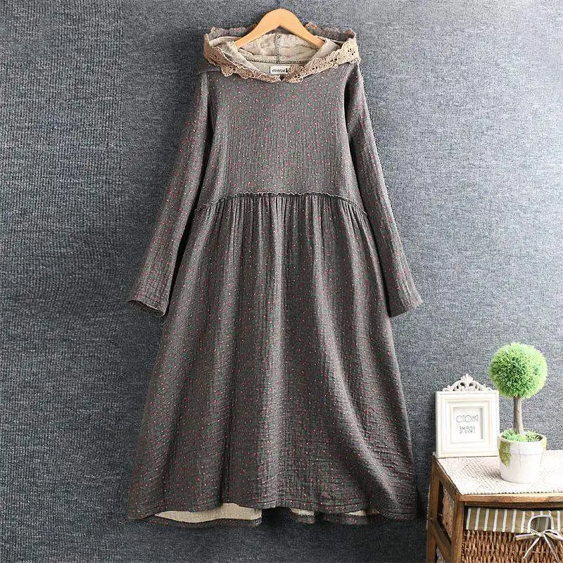 New Vintage Hooded Long Sleeved Floral Dress Women Loose Casual Dresses Mori Girl Cotton Linen Spring Autumn Tunic Dress