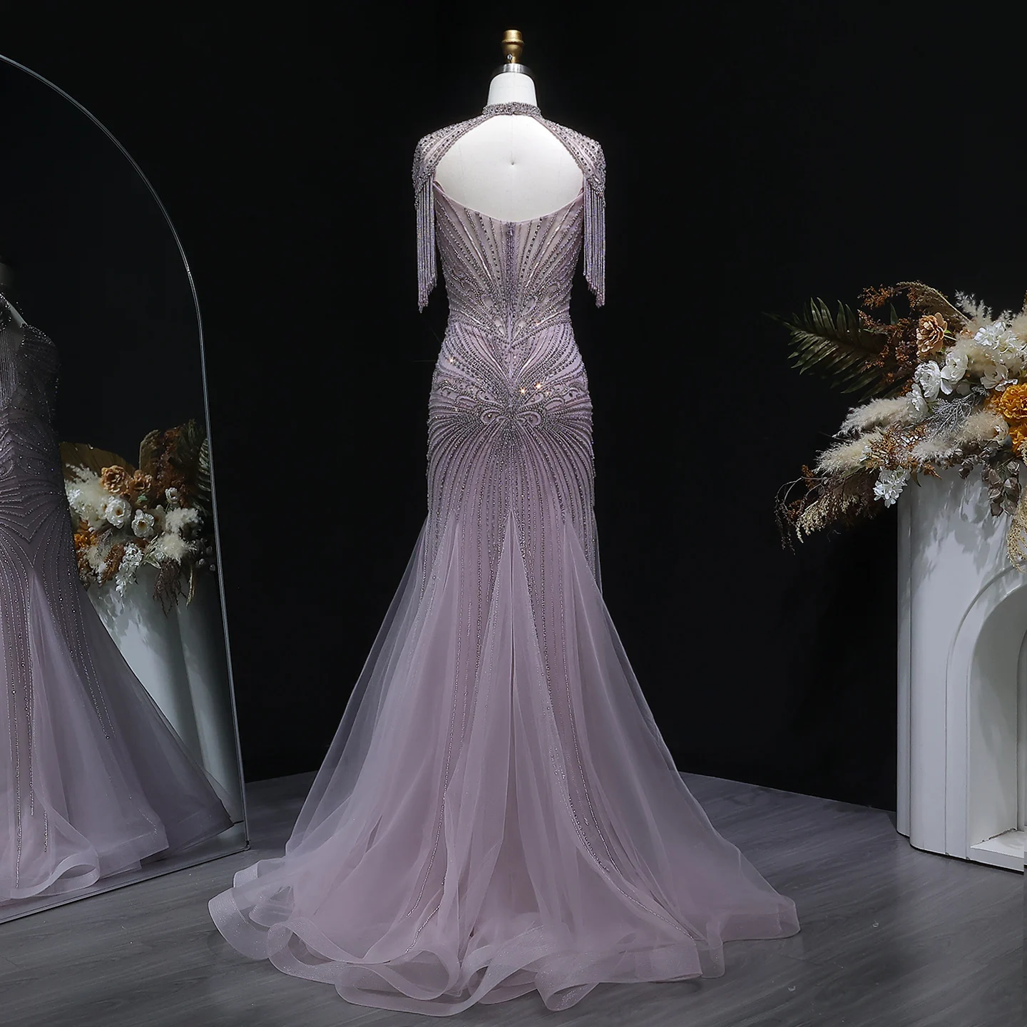 Sharon Said Elegantes Champagner-Meerjungfrauenkleid mit Cape-Ärmeln, Kristallperlen, Blaues Hochzeitskleid, SS021, Maßanfertigung – Detail 40
