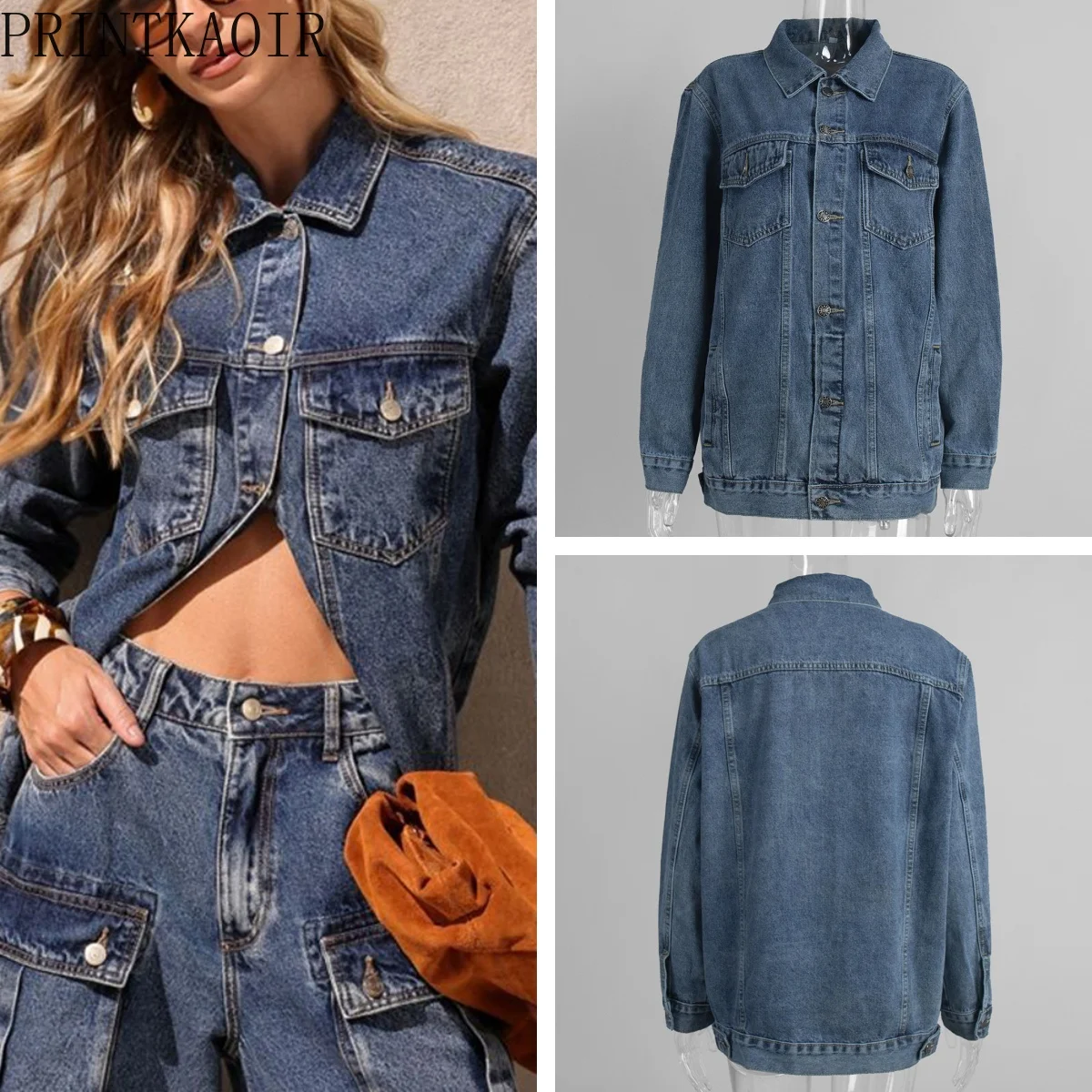 

PRINTKAOIR Women's European American Oversized Denim Jacket 2026 Autumn - Turn-Down Collar Vintage Casual Daily Outerwear