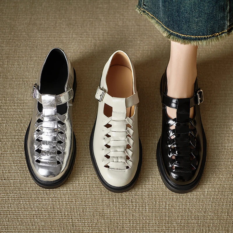 2026 new spring summer women pumps natural leather 22-25cm sheepskin+pigskin round toe weave t-buckle women shoes fashion
