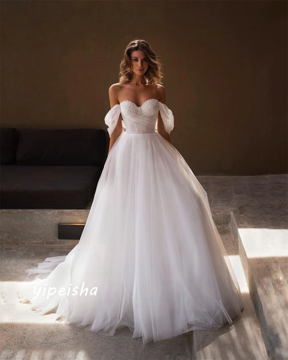 Vestido de fiesta personalizado, elegante, de alta calidad, con hombros descubiertos, con cuentas, largo hasta el suelo, vestidos de noche de Organza