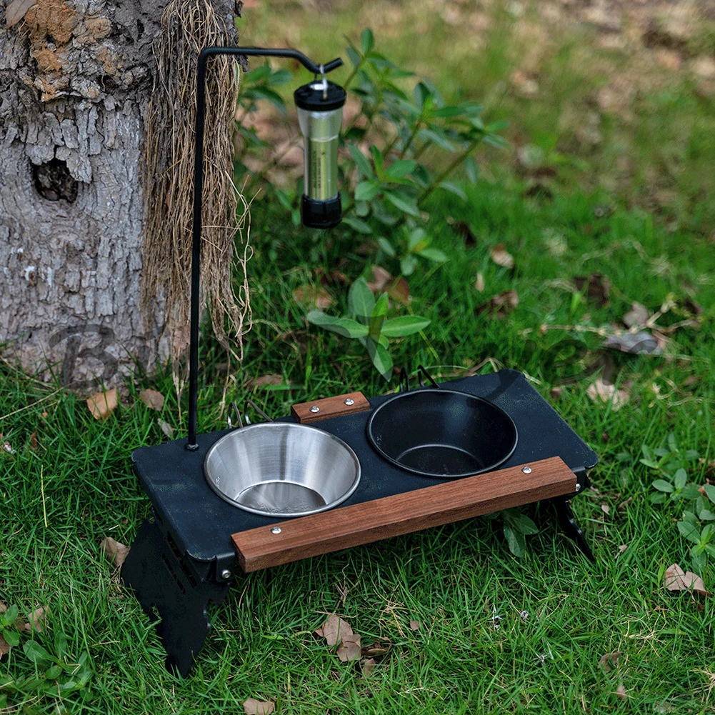 Outdoor Camping Foldable Pet Bowl Stand - Double Bowl Feeder Holder for Dogs Cats with Lamp Pole