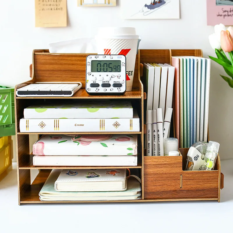 Multi-functional Organizer Storage Box Creativity Office,desk Stationery Box Wooden Large Capacity Rack Wooden Book Stand
