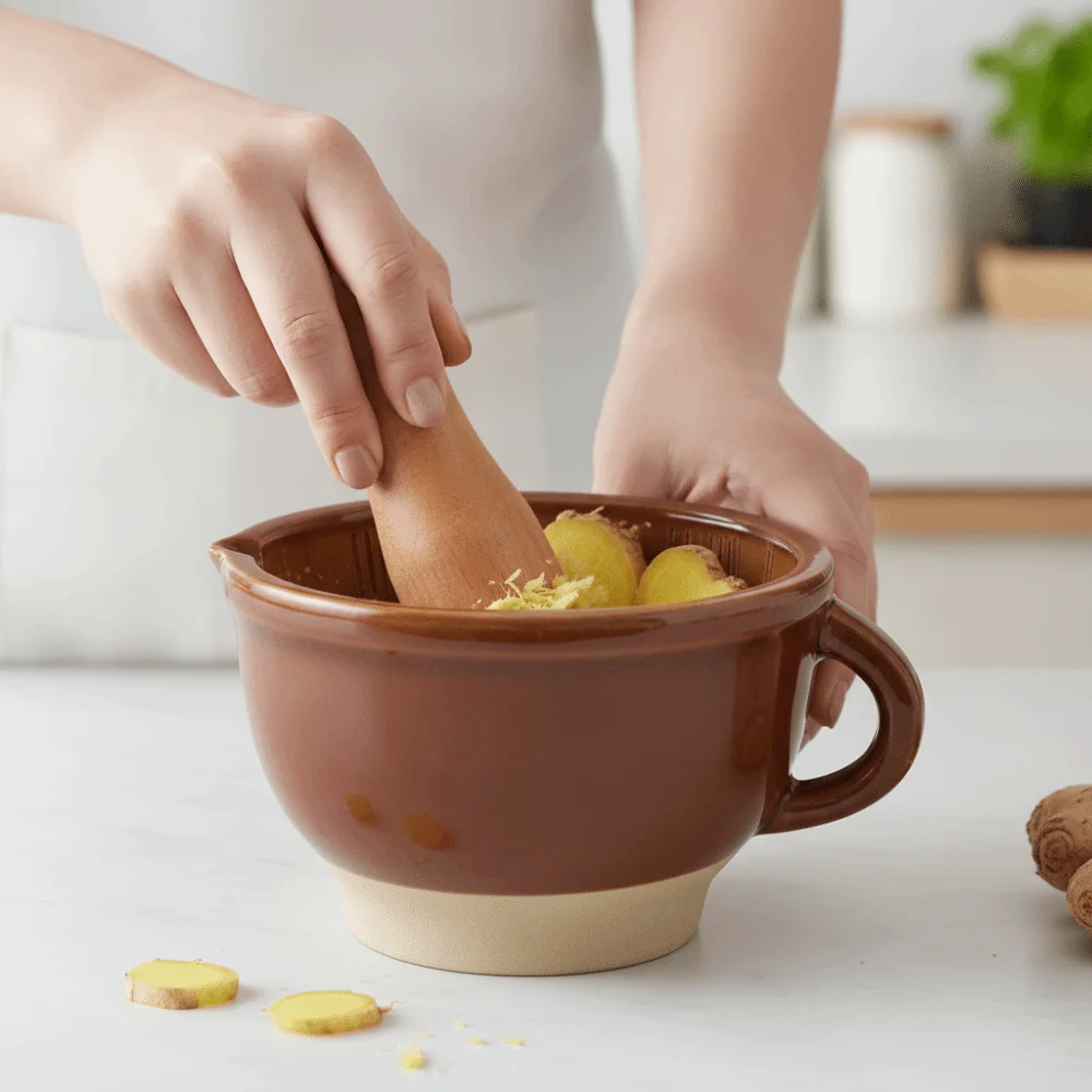 Rustic Style Ceramic Mortar and Pestle Set Non-Slip Base V Shape Diverter Garlic Grinding Bowl Glazed Surface Brown