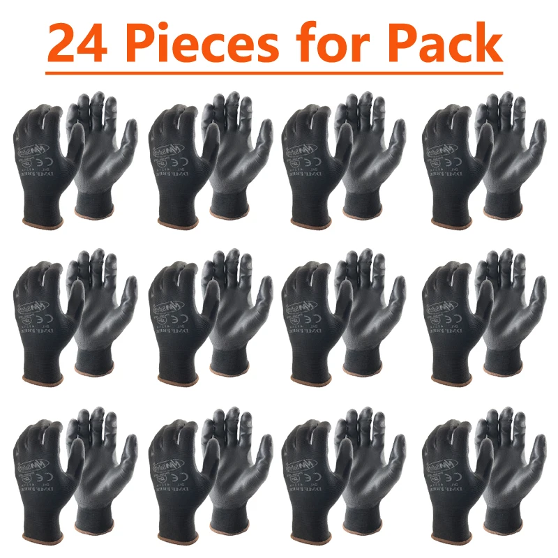 

24Pieces/12 Pairs Industrial Protective Work Safety Gloves Black Pu Nylon Cotton Glove with Garden NMSafety Brand All Sizes