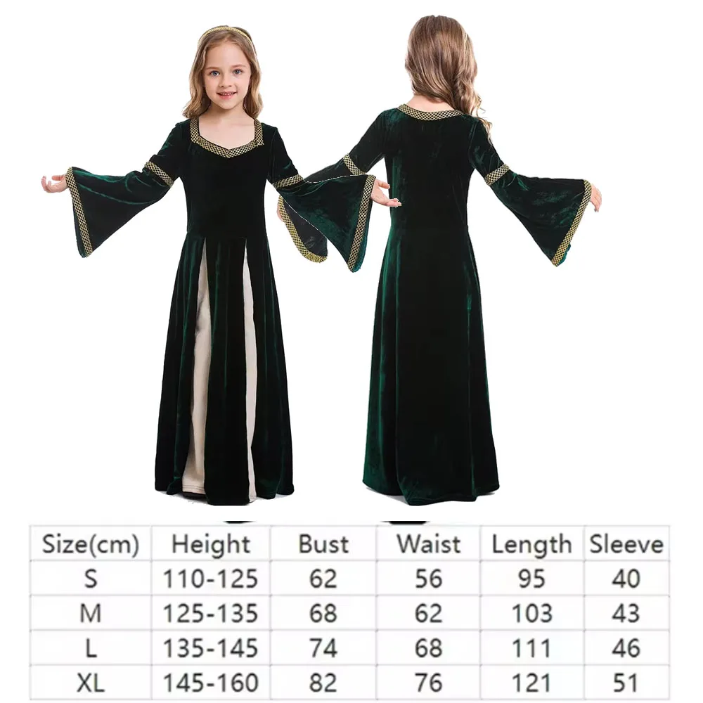 Medieval Renaissance Princess Costume Gown Robe Green Medieval Swing Dress Kid Vampire Halloween Carnival Costume