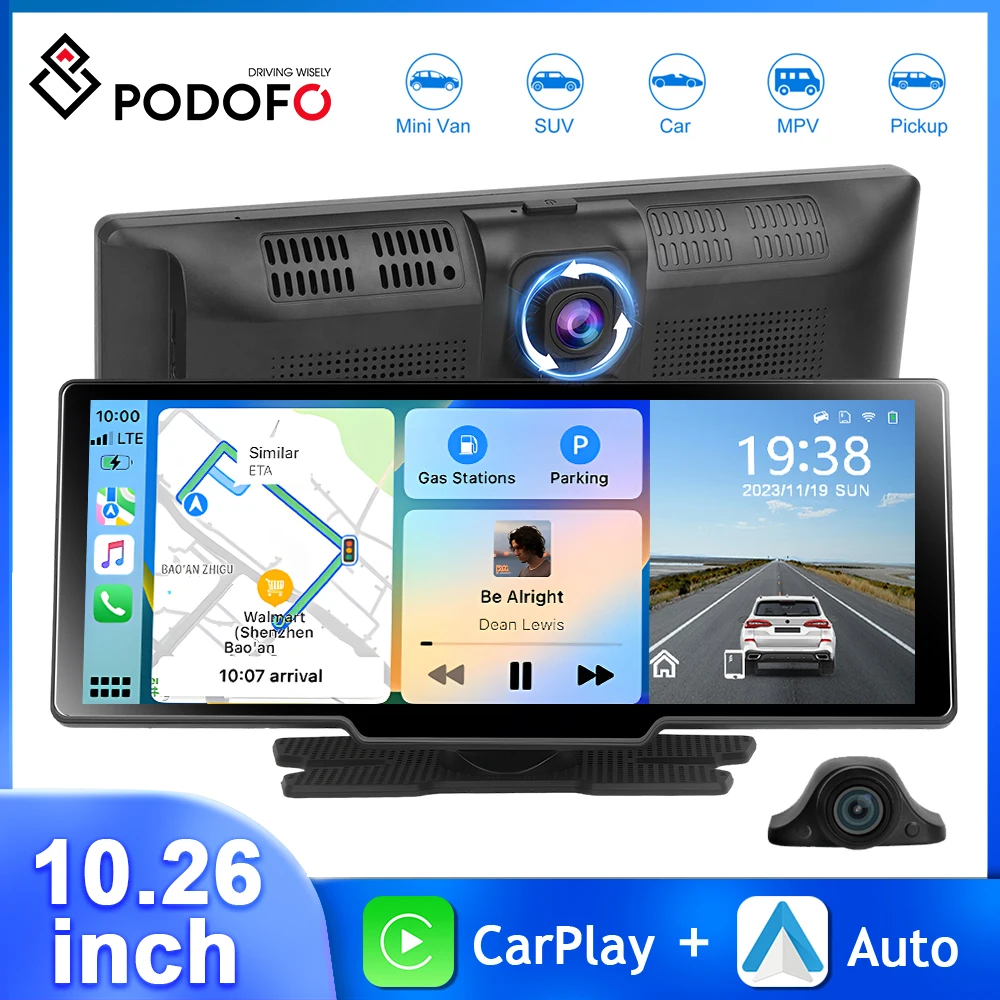 

Podofo 10.26inch Car DVR Dashboard 2.5 Front Cam Car Monitor CarPlay Android Auto Dash Camera Airplay Android Cast Smart Player