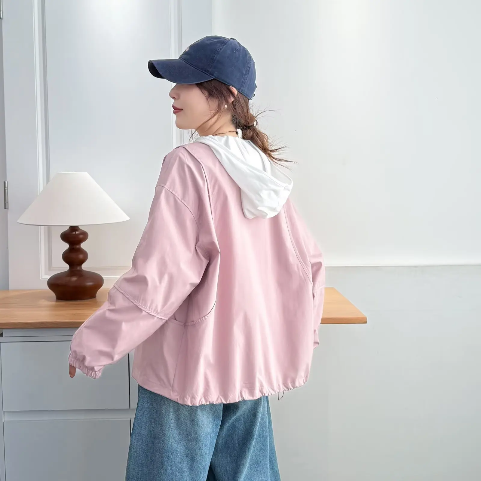 XXXXL موضة حجم كبير سترة نسائية بسحاب فضفاضة بدون ياقة معطف مرقع ملابس خارجية غير رسمية 309
