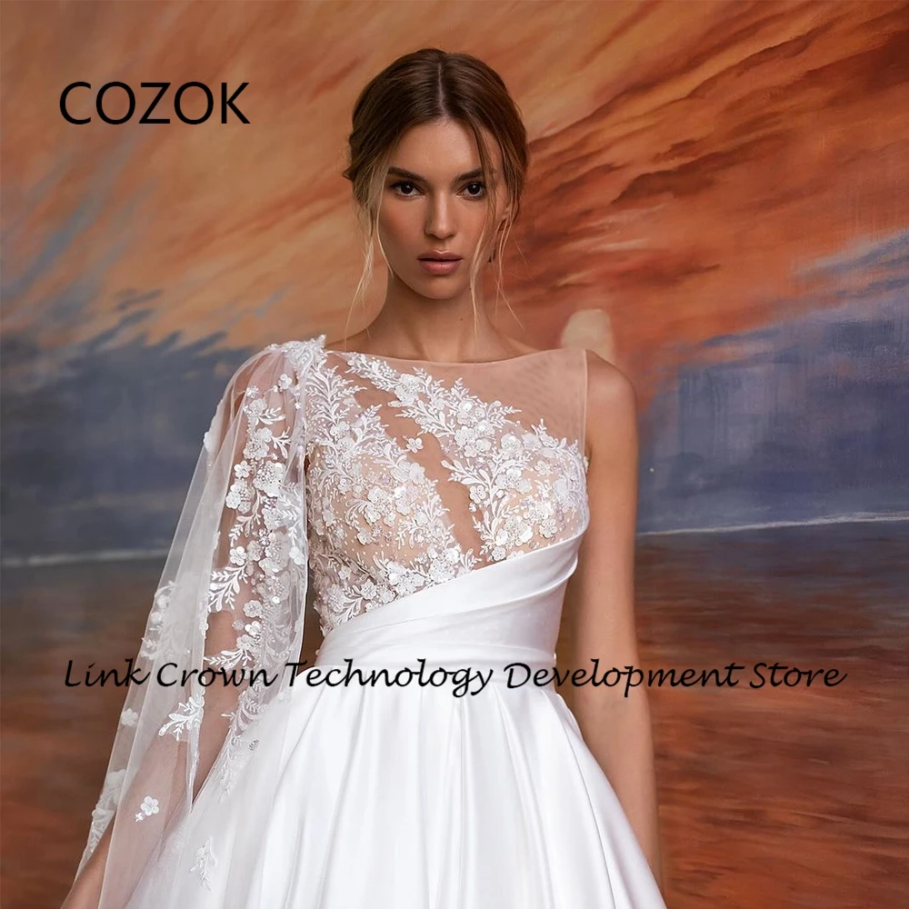 

COZOK Charming A Line Satin Wedding Dresses for Women 2024 Summer Sleeveless Bridal Gowns with Lace Sequined Vestidos De Novia