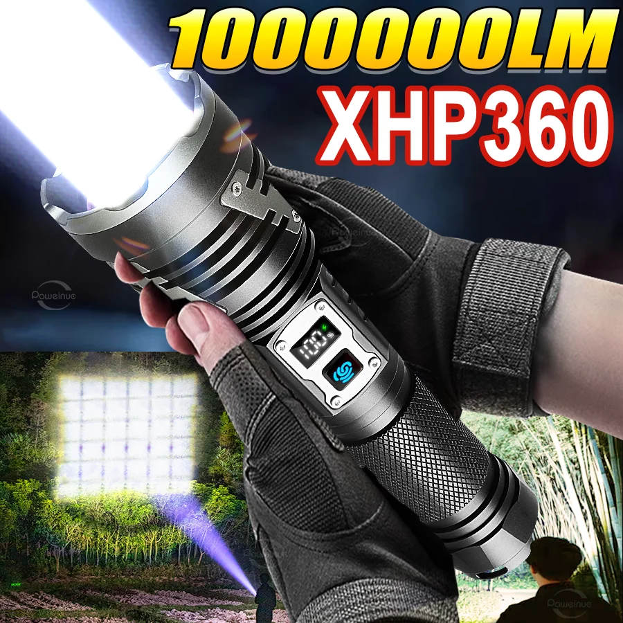 

2025 XHP360 Самый мощный светодиодный фонарик USB аккумуляторная лампа 26650 Ультра мощный фонарик Тактический фонарь Кемпинговый фонарь