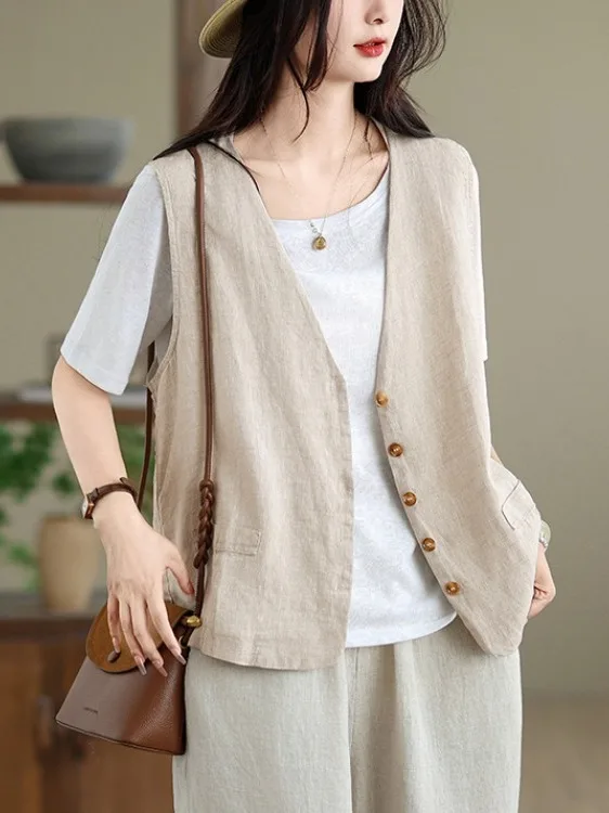 

Хлопковый льняной жилет с талией в стиле ретро, большой размер, женский летний новый художественный открытый кардиган, верхняя одежда, топ с подплечниками