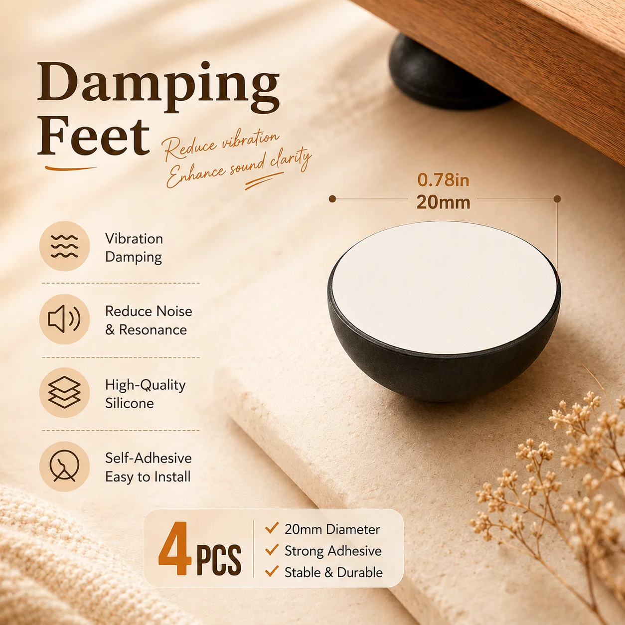 Sound Equipment AntiResonance Silicone Feet, Secure Adhesive, 20mm Silicone Elastomer Damper Set of 4 Accessory