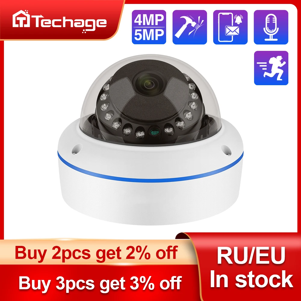 Techage H.265 4MP 5MP Indoor Dome 48V POE IP Camera Audio VandalProof IPC P2P Video CCTV Security Surveillance Onvif Protocol