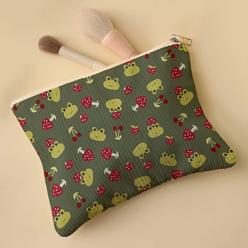 Korean Style Corduroy Cosmetic Bag Cute Frog Mushroom Cherry Print Zipper Pouch Portable Travel Makeup Storage Bag for Women