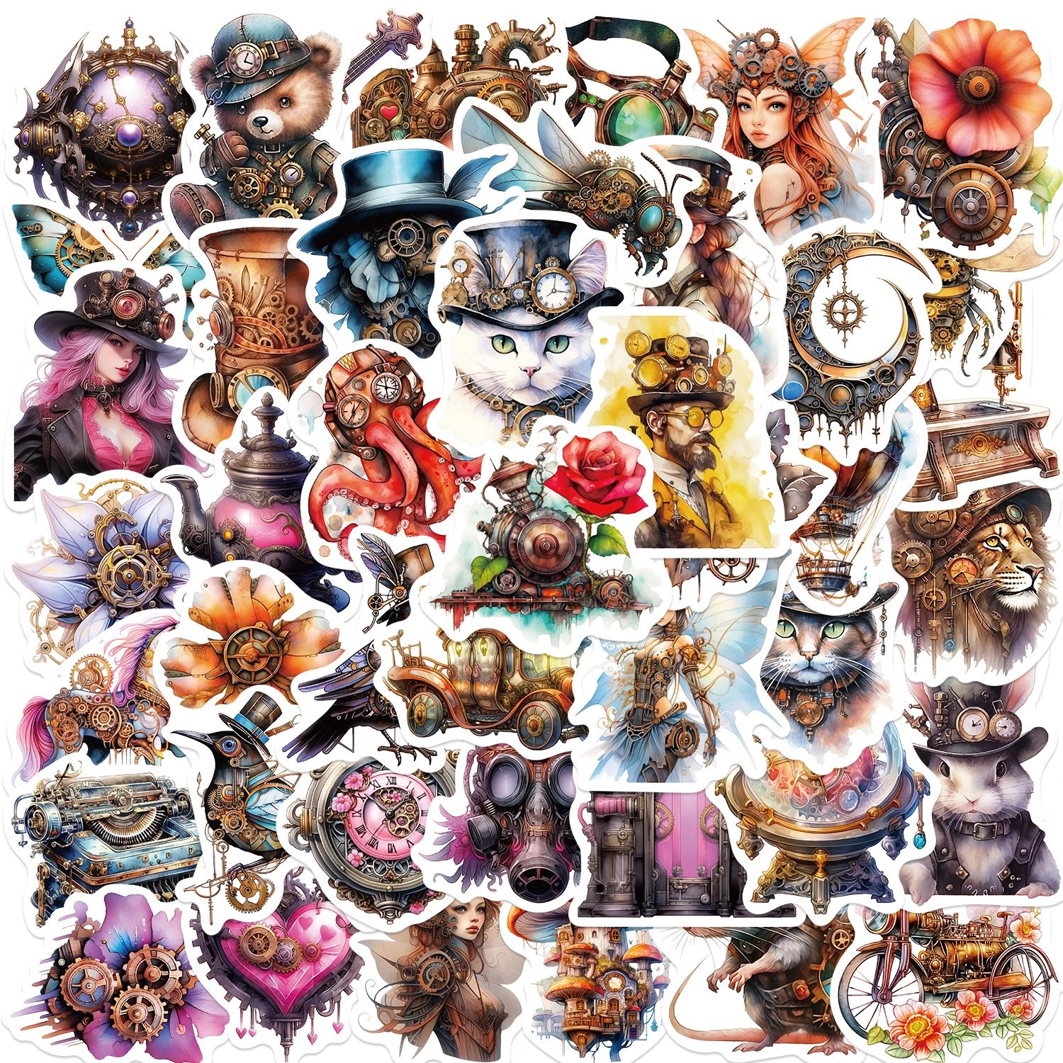 50pcs Aesthetic Watercolor Cartoon Steampunk Graffiti Stickers For Laptop Water Bottle Luggage Notebook Waterproof Vinyl Decals