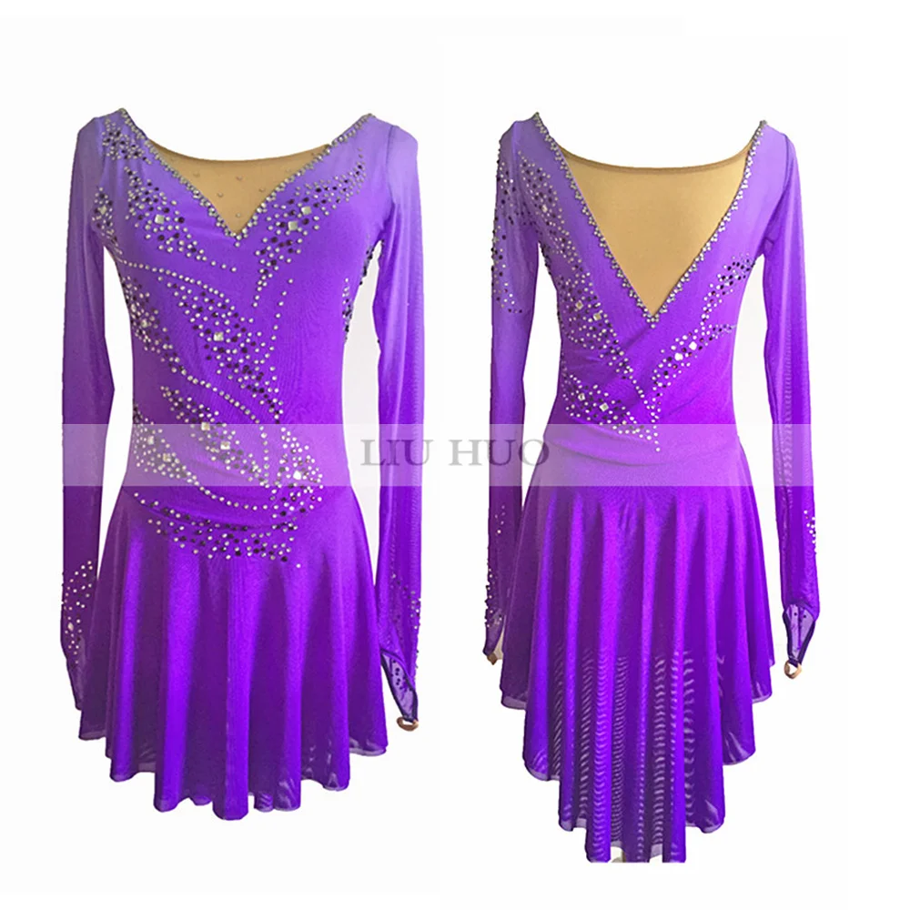 LIUHUO หญิงสาวผู้ใหญ่ ChildrenPerformance เครื่องแต่งกายบัลเล่ต์ยิมนาสติกการแข่งขัน Leotard สเก็ตน้ําแข็งชุดเต้นรําสีม่วง