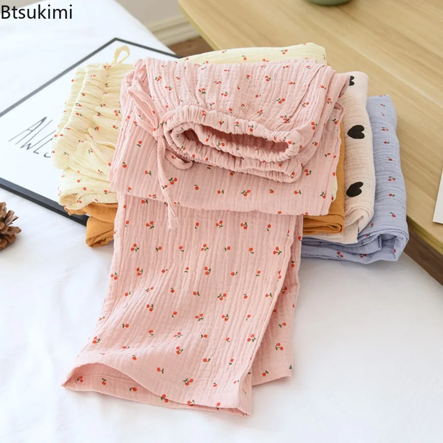 New 2026 Summer Women's Double Layer Pure Cotton Gauze Print Sleeping Pants Washed Crepe Fabric Thin Loose Home Pants for Women
