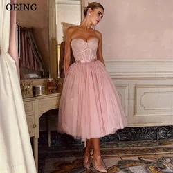 OEING Elegant Pink Tulle Prom Dresses Strapless A-Line Evening Dress Sweetheart Sleeveless Tea-Length Formal Gowns Customized