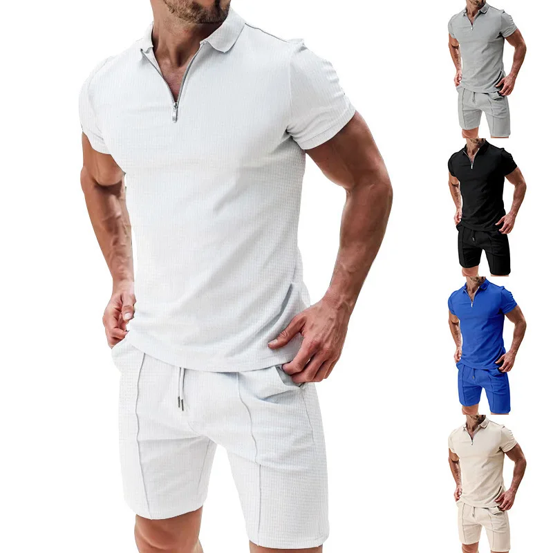 European and American Men's Short Sleeved Shorts Casual Suit Summer Waffle Solid Color Casual Loose Collar Polo Shirt Set