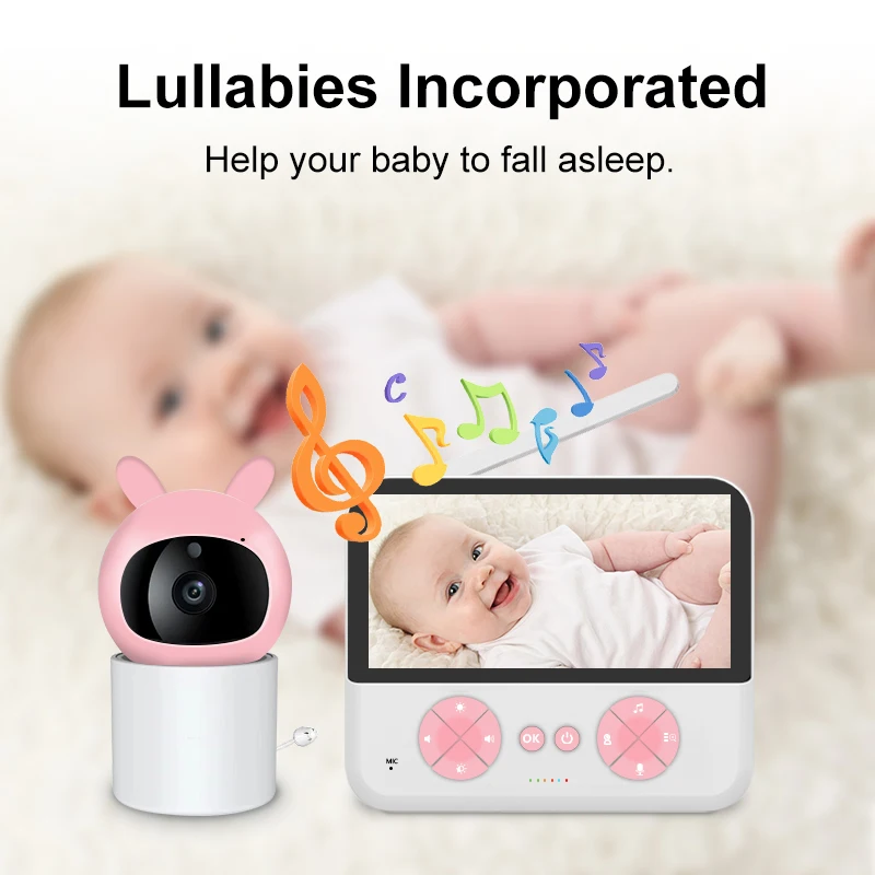 Moniteur bébé 5 "HD 3000mAh grande capacité 720P, interphone vocal, détection de température et d'humidité, synchronisation, rappel d'allaitement