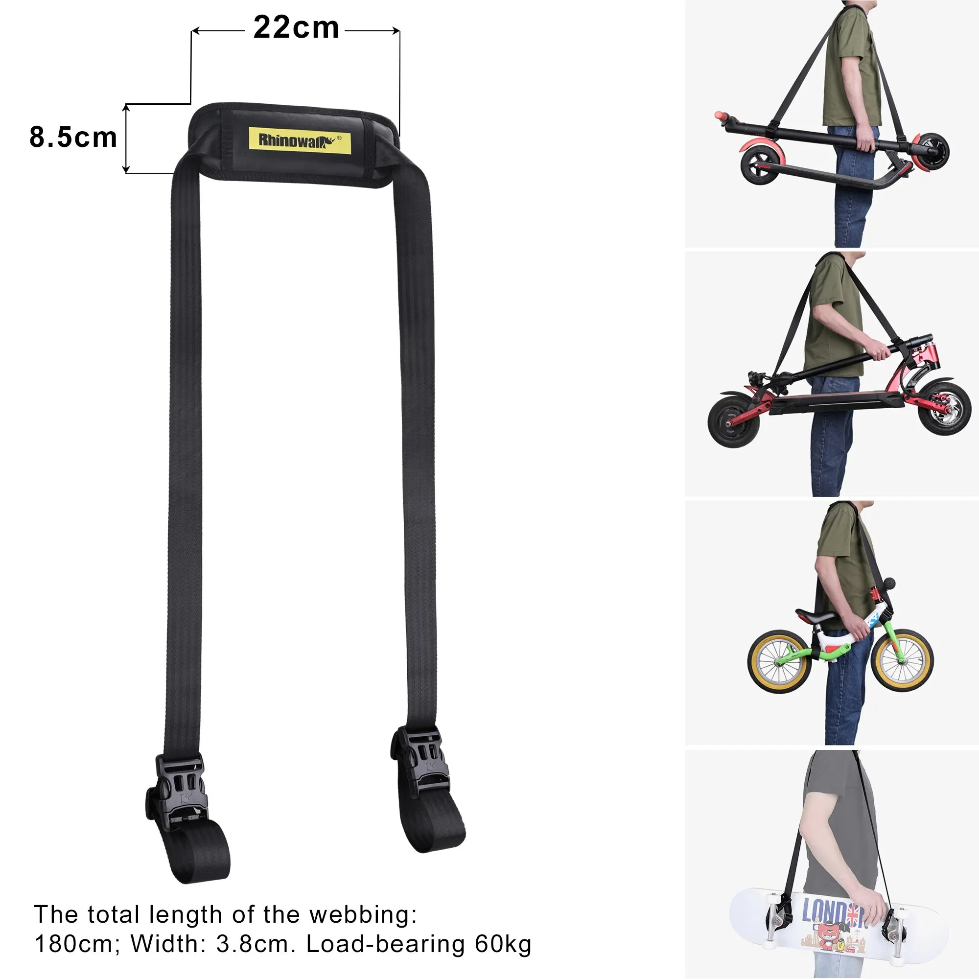 Rhinowalk Electric Scooter Shoulder Strap Adjustable Carrying with Non-Slip Shoulder Pad for Chair Ski Board Foldable/Kid Bikes