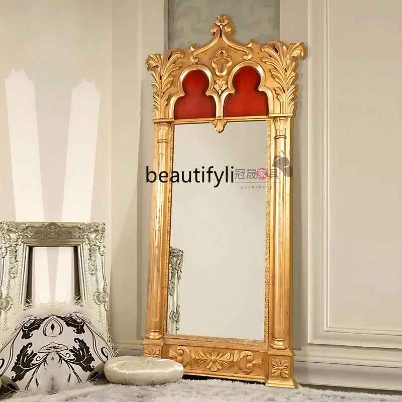 cqyEuropean retro mirror carved full-body mirror household floor mirror living room entrance full-length