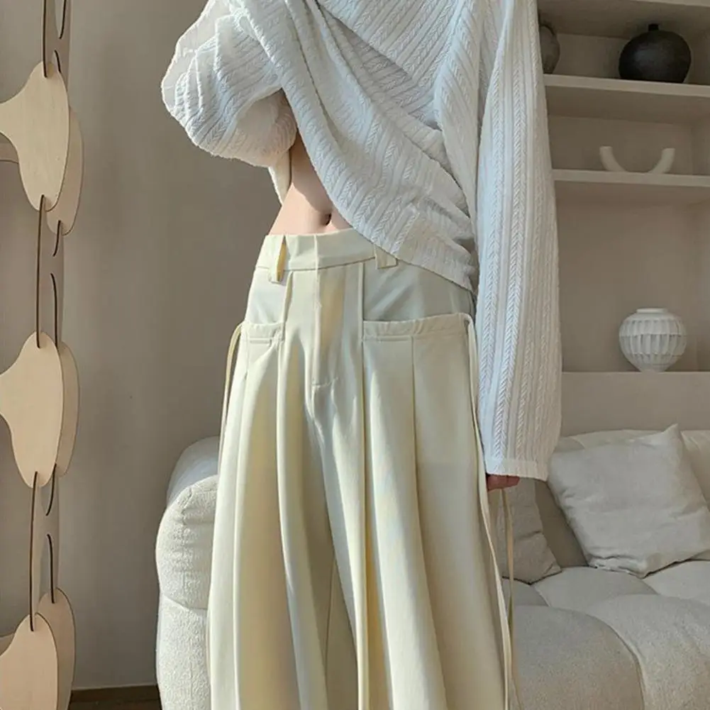 Men Wide-leg Pants Oversized Wide Leg Men's Ice Silk Pants with Crotch Pockets Zippered Ropes English Style for Streetwear