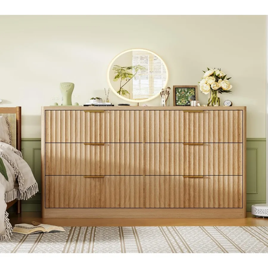 Fluted 6 Drawer Dresser for Bedroom Wide Modern Chest of Drawers with Metal Handle Curved Profile Design Wood Closet Clothes St