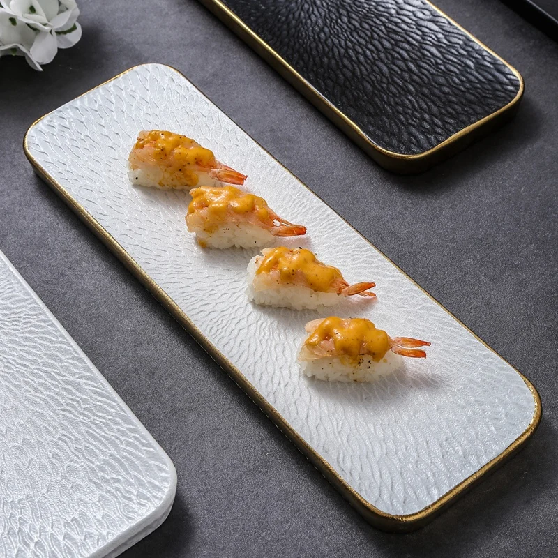New Phnom Penh Rectangular Sushi Plate Restaurant Ceramic Stone Pattern Cuisine Set Plate Creativity Hotel Strip Sushi Tableware