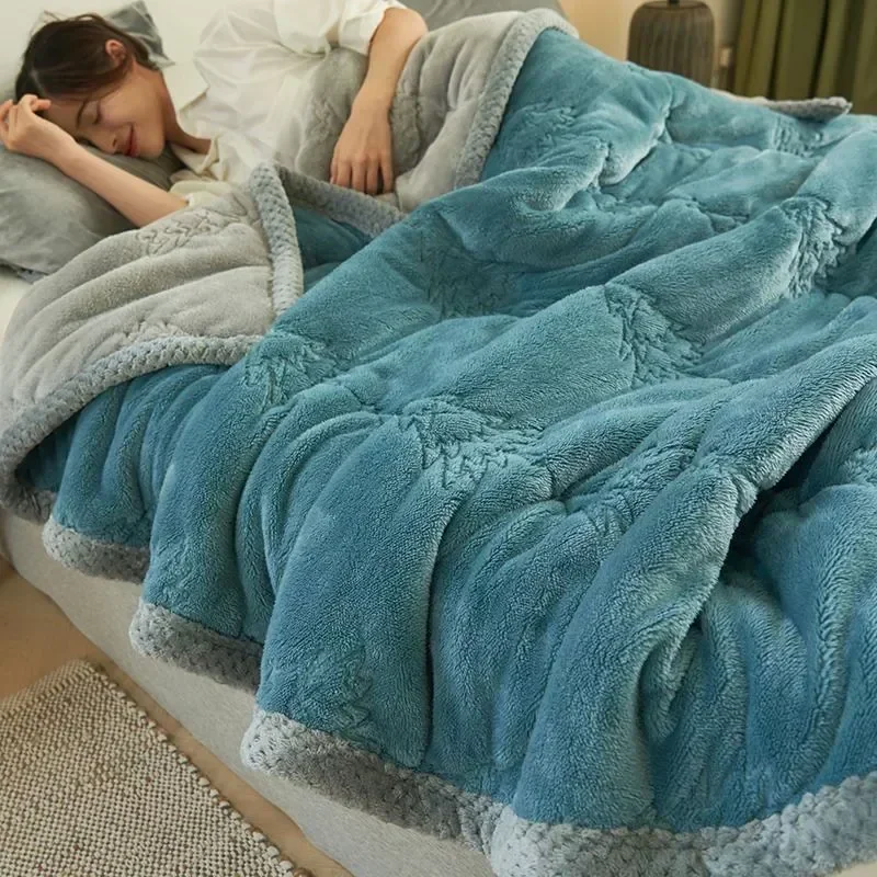 Three Layers Quilted Fleece Blankets Adult Thick Warm Winter Blankets Solid Home Super Soft Duvet Fuffy Blanket On Twin Bedding