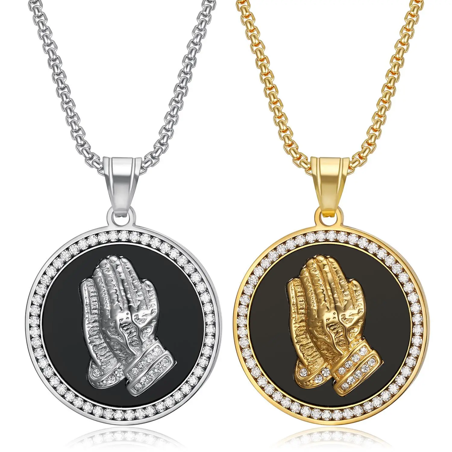 

Hip Hop Iced Out Bling Praying Hand Pendant Gold Silver Color Stainless Steel Zircon Round Amulet Necklace for Woman Man Jewelry