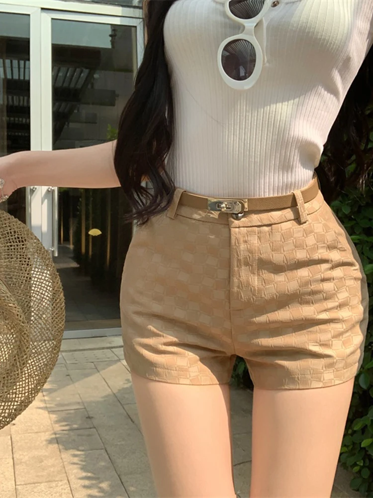 

2025 checkerboard casual shorts summer new high waist slimming leg length spicy girl A-line wide leg hot pants for women